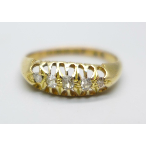 1003 - A vintage 18ct gold, five stone diamond ring, Chester 1915, 2.5g, N