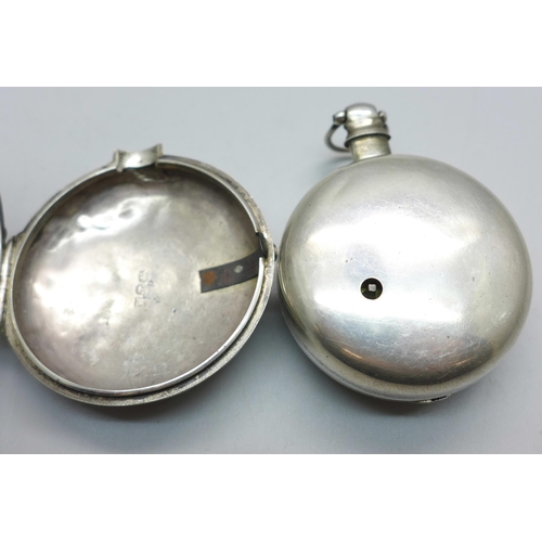 1005 - A silver pair cased verge fusee pocket watch, Birmingham 1794, a/f