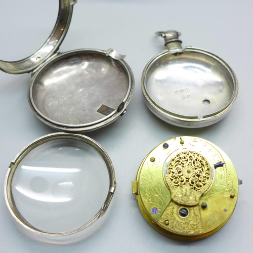 1005 - A silver pair cased verge fusee pocket watch, Birmingham 1794, a/f