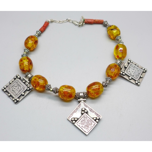 1006 - A silver, amber and coral necklace, marked 830 and 925