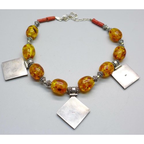 1006 - A silver, amber and coral necklace, marked 830 and 925