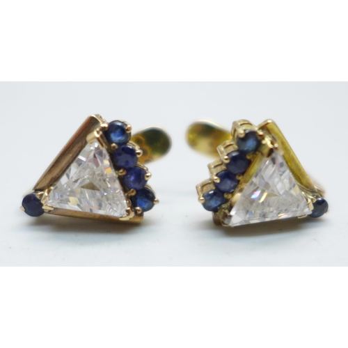 1011 - A pair of 14k gold, sapphire and crystal designer earrings, 6.3g