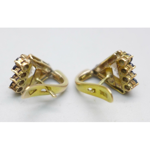 1011 - A pair of 14k gold, sapphire and crystal designer earrings, 6.3g