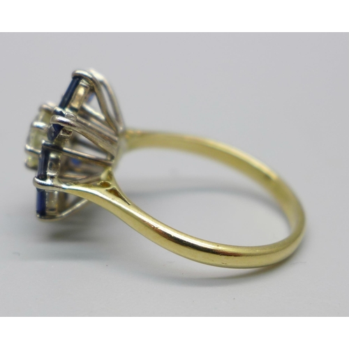 1013 - An 18ct gold, sapphire and diamond ring, diamond weight approximately 0.70ct, 4.2g, O/P