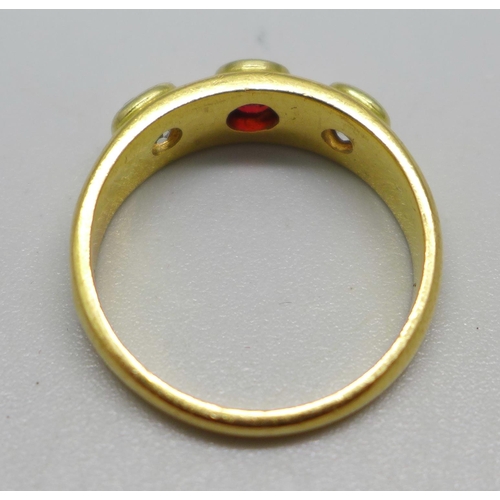 1014 - An 18ct gold, ruby and diamond ring, 6.4g, P, diamonds approximately 0.25ct weight each