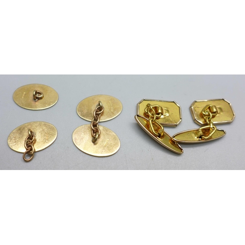 1016 - A pair of 9ct gold cufflinks, 5.3g, one a/f, and one other pair of cufflinks