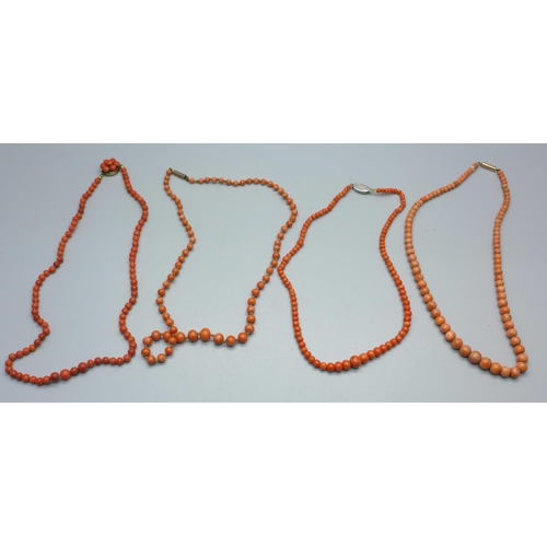 1017 - Four coral necklaces, one with 9ct gold fastener