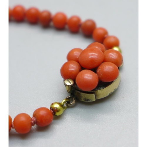 1017 - Four coral necklaces, one with 9ct gold fastener