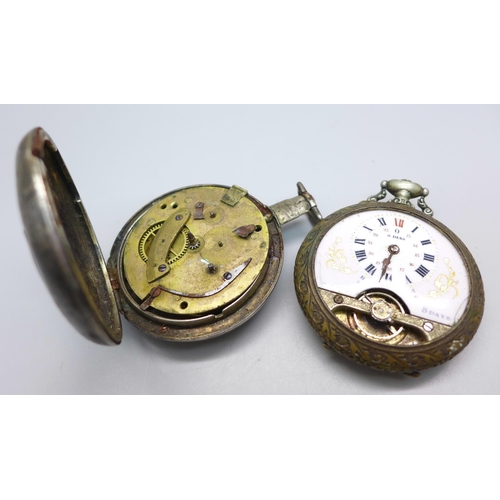 1027 - An 8-Days pocket watch with rowing scene on the back, a/f, and a 19th Century pocket watch case hall... 