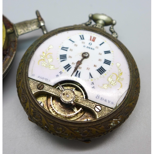 1027 - An 8-Days pocket watch with rowing scene on the back, a/f, and a 19th Century pocket watch case hall... 