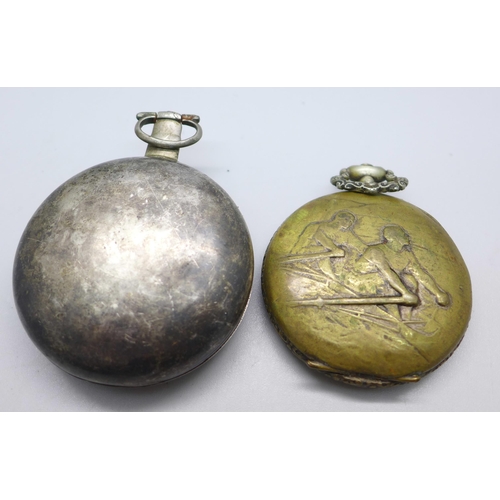 1027 - An 8-Days pocket watch with rowing scene on the back, a/f, and a 19th Century pocket watch case hall... 