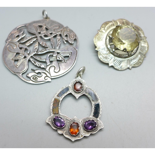 1032 - A large hallmarked Irish silver pendant, a hallmarked Scottish silver brooch and multi-stone set Sco... 