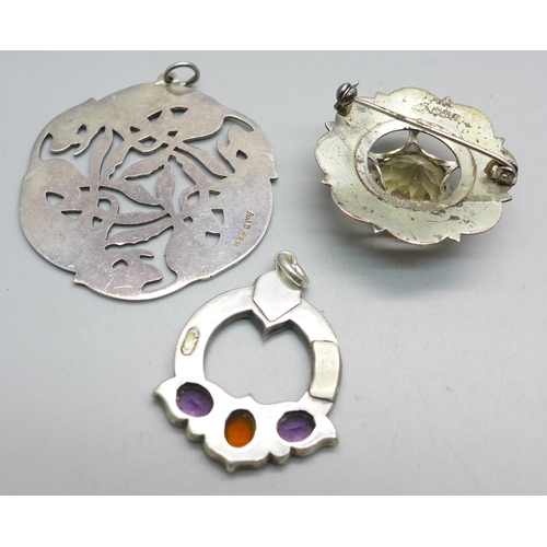 1032 - A large hallmarked Irish silver pendant, a hallmarked Scottish silver brooch and multi-stone set Sco... 