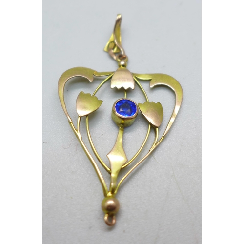 1039 - A 9ct gold and blue stone pendant, 1.3g, loop a/f