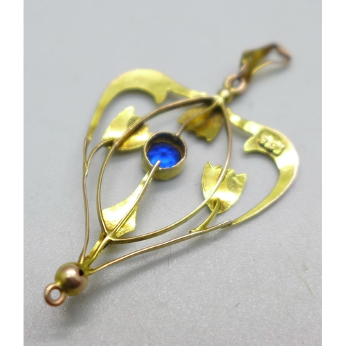 1039 - A 9ct gold and blue stone pendant, 1.3g, loop a/f