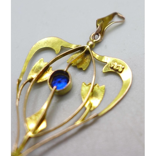 1039 - A 9ct gold and blue stone pendant, 1.3g, loop a/f