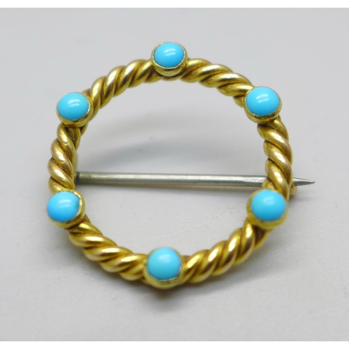 1047 - A yellow metal and turquoise brooch, tests as 15ct gold, 3.6g, 2cm