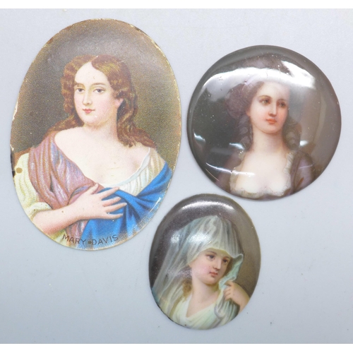 1061 - Two portrait plaques and one larger print on paper and applied on tin marked Mary Davis