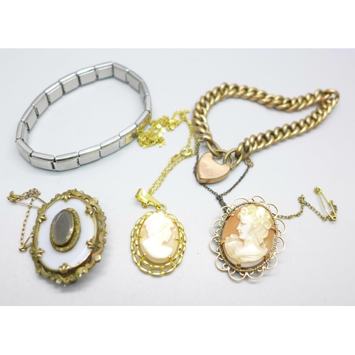 1076 - A 9ct gold cameo brooch, 5.9g, a plated bracelet and other jewellery