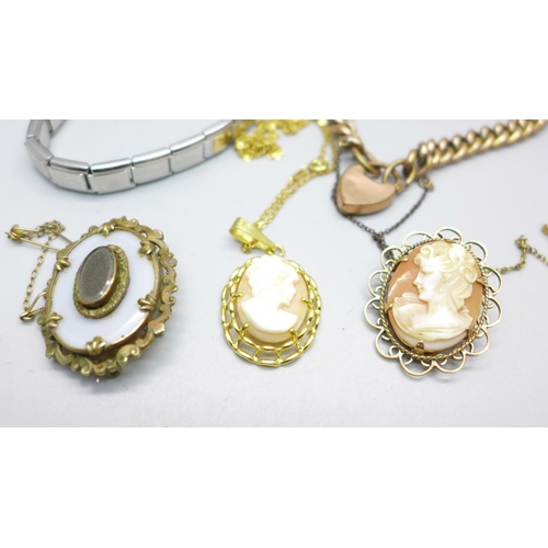 1076 - A 9ct gold cameo brooch, 5.9g, a plated bracelet and other jewellery