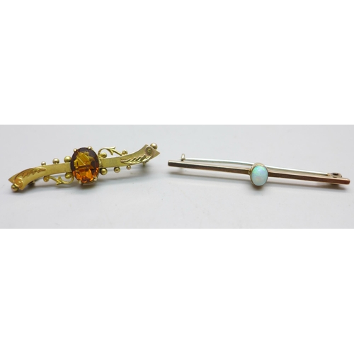 1084 - Two 9ct gold brooches; one set with a citrine and dated Birmingham 1901 and one set with an opal, to... 