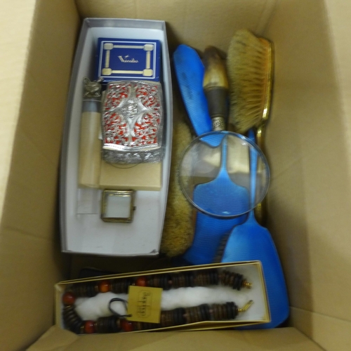 1113 - A small collection of jewellery, a blue enamel vanity set and a horn handle magnifying glass **PLEAS... 