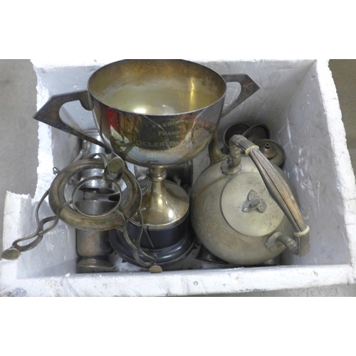 1118 - A plated trophy, a spirit kettle, tankards and goblets **PLEASE NOTE THIS LOT IS NOT ELIGIBLE FOR PO... 