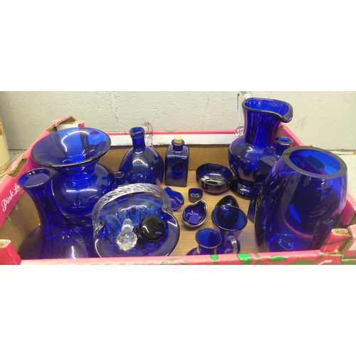 1122 - A collection of Bristol blue glass, large heavy jug and vase, basket, decanters, etc. **PLEASE NOTE ... 