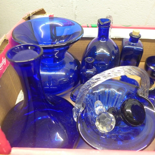 1122 - A collection of Bristol blue glass, large heavy jug and vase, basket, decanters, etc. **PLEASE NOTE ... 