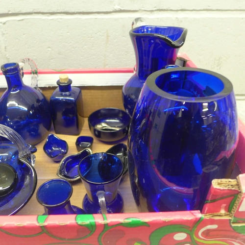 1122 - A collection of Bristol blue glass, large heavy jug and vase, basket, decanters, etc. **PLEASE NOTE ... 