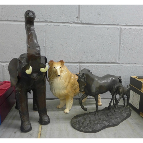 1128 - A resin sculpture of two horses, a/f, a model of an African elephant and a model of a dog **PLEASE N... 