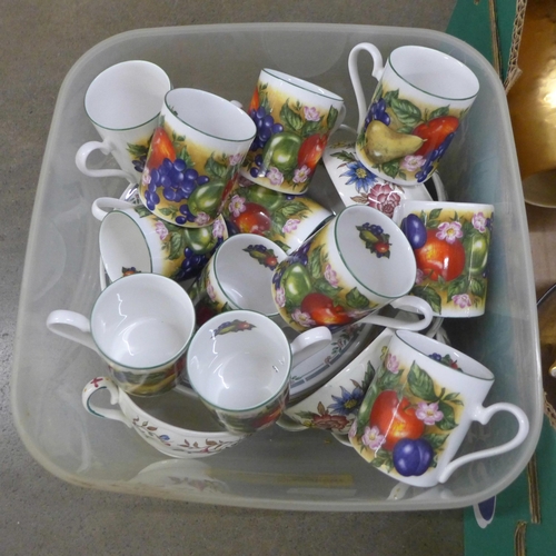 1134 - Three boxes of china and glass, Roy Kirkham Orchard pattern coffee cups, Royal Crown Derby 2451 Imar... 