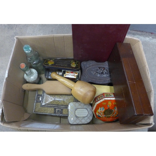 1141 - A collection of tins, two bottles, one Skinner and Rook filled with pills, wooden box, etc. **PLEASE... 