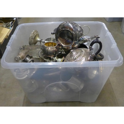 1144 - A box of plated ware, tea service, several trays, candelabra, mugs, condiment stands, etc. **PLEASE ... 