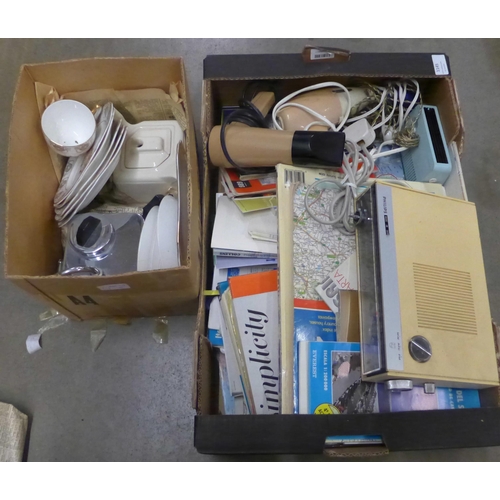 1145 - Two boxes, maps, teaware, Philips clock radio, hair dryers, etc., (electricals for show) **PLEASE NO... 