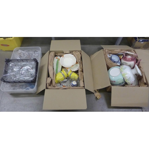 1147 - Three boxes of assorted china including Beswick and glassware including a set of six Babycham glasse... 