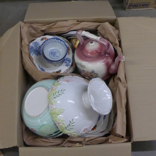 1147 - Three boxes of assorted china including Beswick and glassware including a set of six Babycham glasse... 