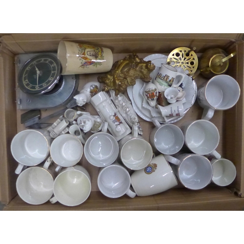 1148 - Five boxes of mixed china, teawares, commemorative crested china, two wooden framed prints, a camera... 