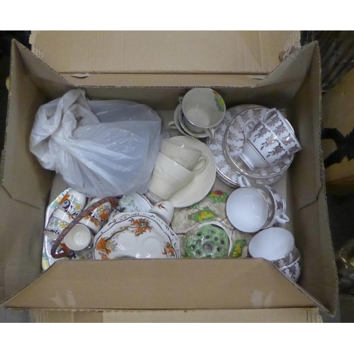 1148 - Five boxes of mixed china, teawares, commemorative crested china, two wooden framed prints, a camera... 