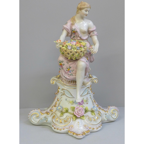 609 - A German porcelain figure of a lady sat on a pedestal, 30.5cm