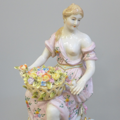 609 - A German porcelain figure of a lady sat on a pedestal, 30.5cm