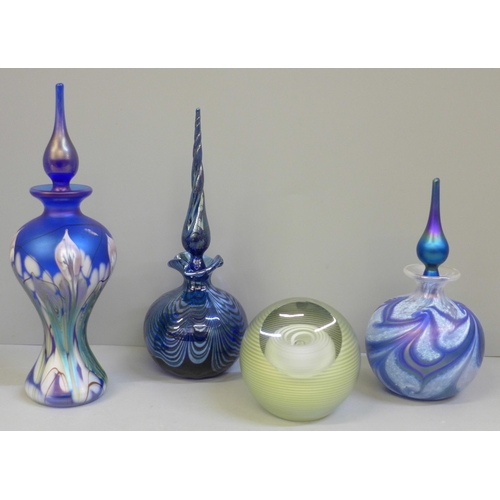 612 - Three Okra Glass Studios scent bottles and a glass paperweight