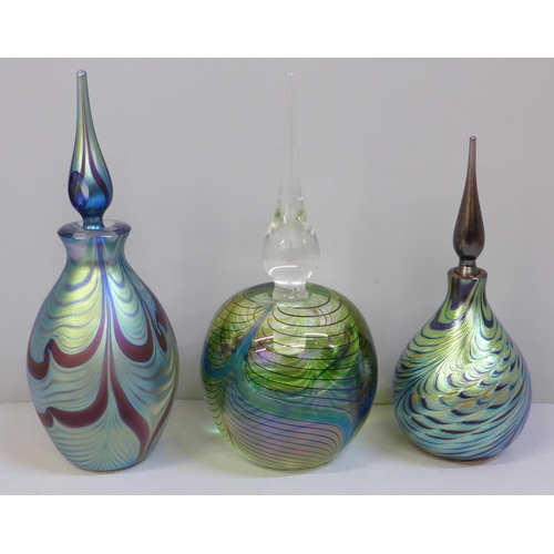 613 - Three Okra Glass Studios scent bottles, boxed, (globular scent a/f)