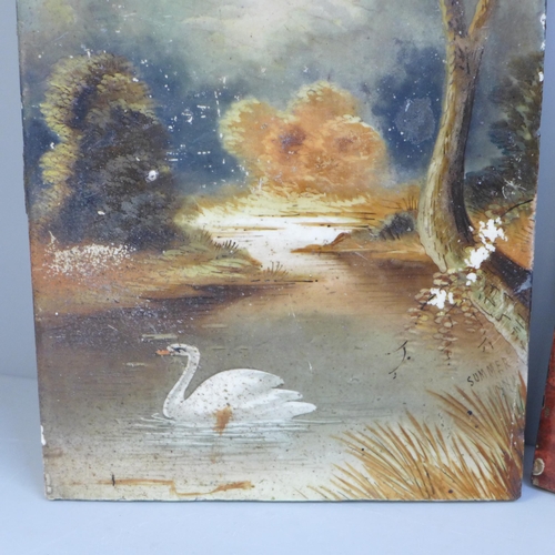 620 - Two tiles; one Mintons China Works with half portrait of a beauty and one landscape titled Summer