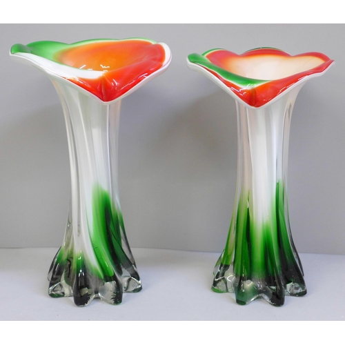 624 - A pair of coloured glass vases, 20cm