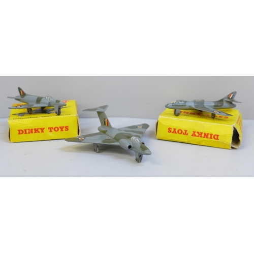 627 - Dinky Toys, 736 Hawker Hunter and 734 Supermarine Swift, boxed and a Gloster Javelin