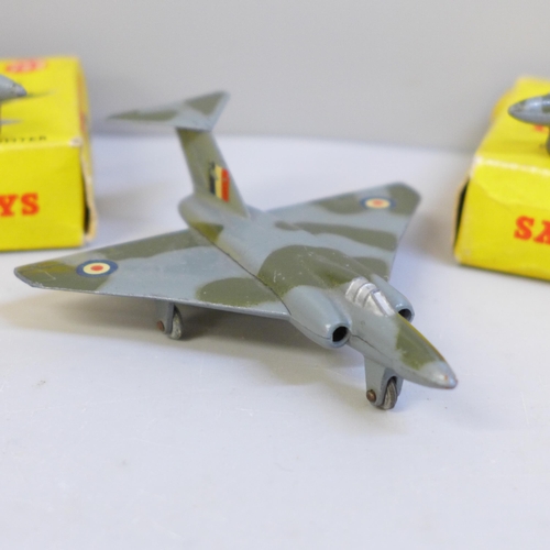 627 - Dinky Toys, 736 Hawker Hunter and 734 Supermarine Swift, boxed and a Gloster Javelin