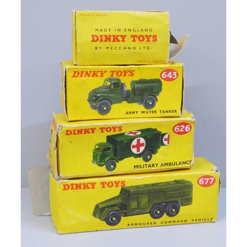 628 - Dinky Toys military vehicles; 677 Armoured Command Vehicle, 626 Military Ambulance, 643 Army Water T... 