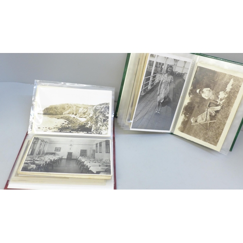 638 - Two small albums of real photographic postcards, one places, one people, 72 cards in total