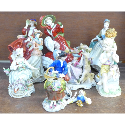 668 - Three Royal Doulton figures, two Royal Worcester figures, Worcester figures a/f, and other continent... 